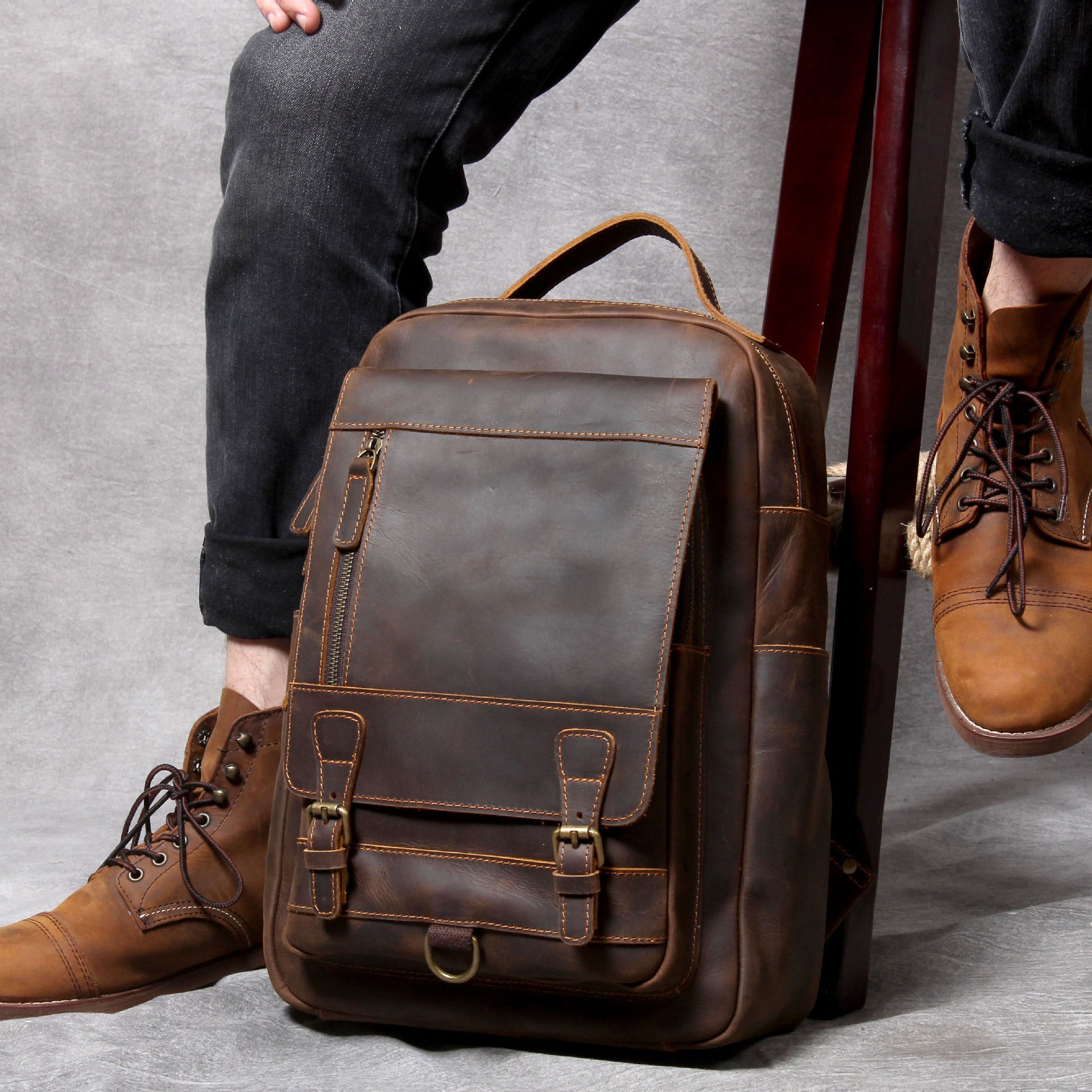 Retro Leather Backpack - Crazy Horse First Layer Leather Capacity Backpack - ArtOm_farm™ LEATHER