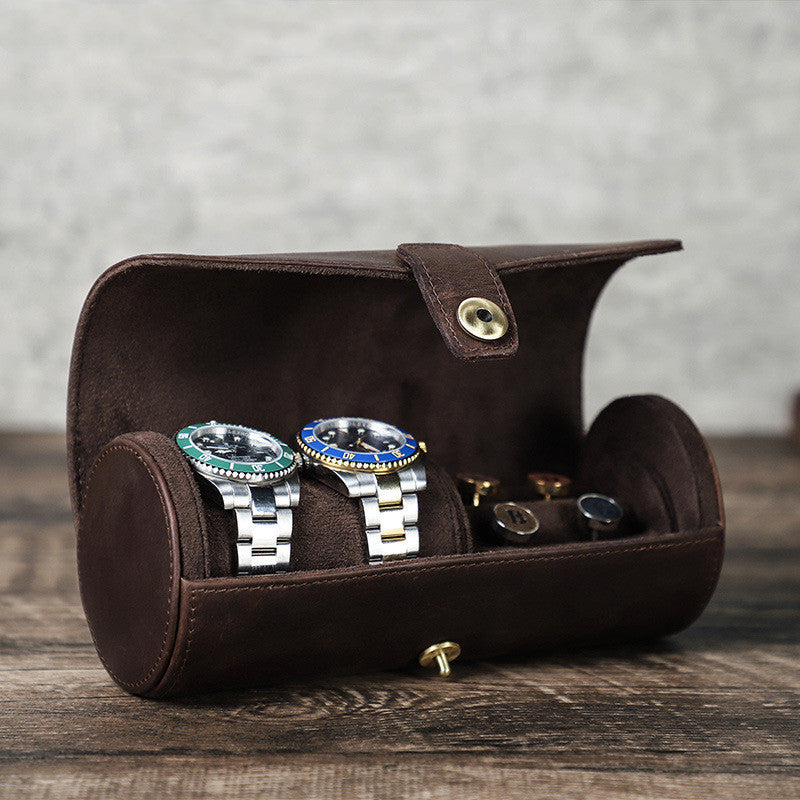 Retro Leather Storage Box - Cylindrical Suit Button Crazy Horse Design - ArtOm_farm™ LEATHER