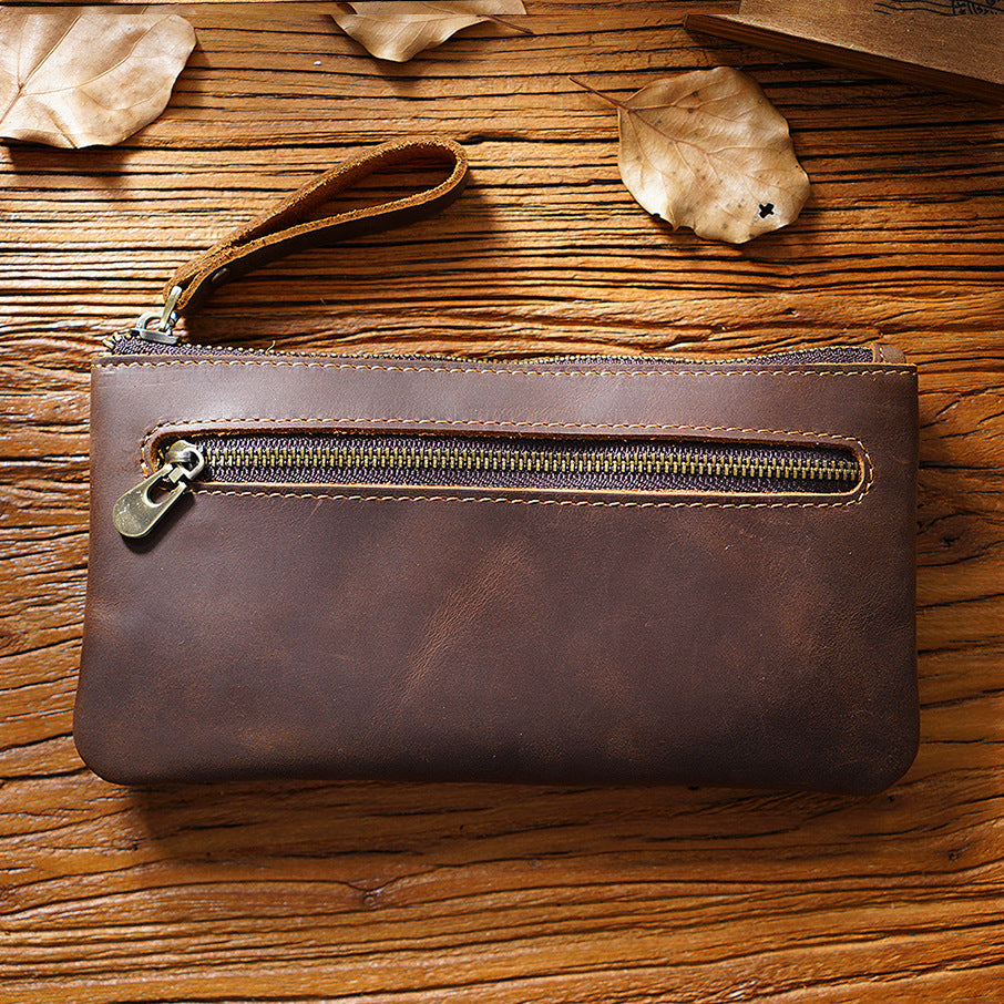 Retro Leather Zipped Pencil Bag - Crazy Horse Leather Creative Portable Hand Grip Buggy Bag - ArtOm_farm™ LEATHER 