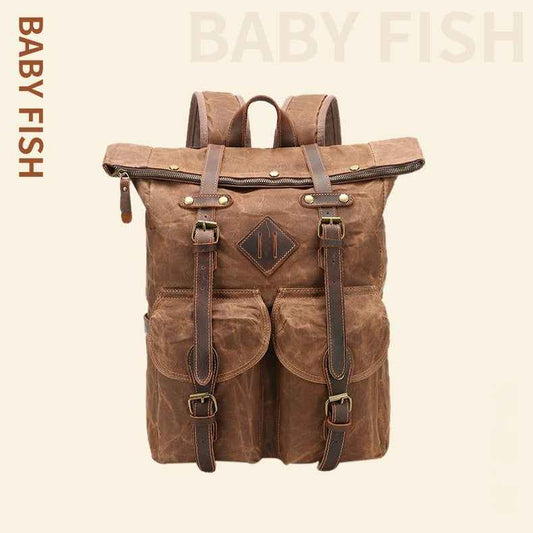 Retro Leather Canvas Backpack - Waterproof Crazy Horse Leather Large Capacity
