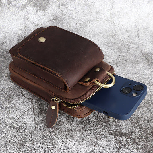 Crazy Horse Leather Belt Bag for Men - First Layer Cowhide Mobile Phone Waist Pannier Bag - ArtOm_farm™ LEATHER 