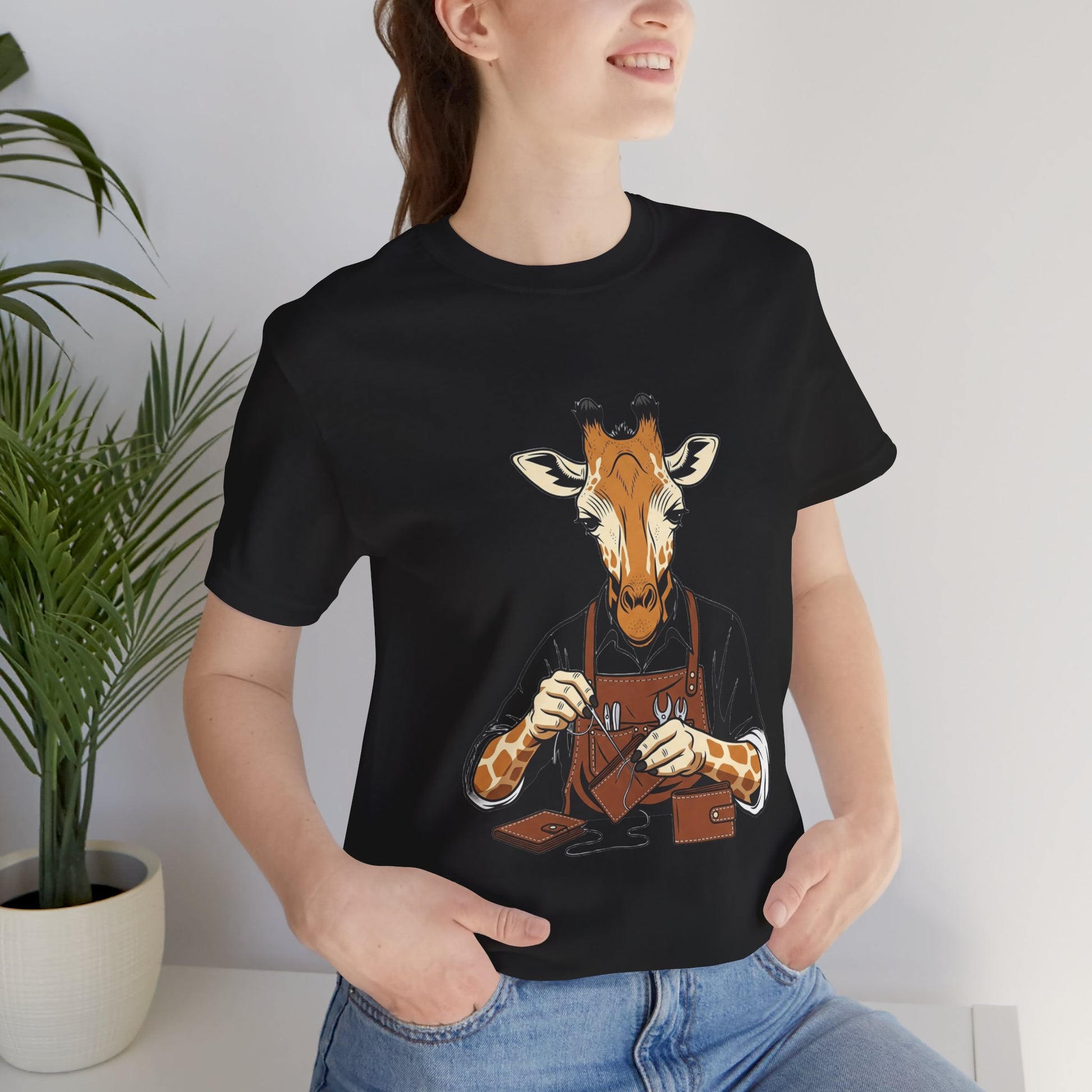 Giraffe Tailor Tee - Unique Animal Lover Shirt, Funny Short Sleeve T-Shirt for Creatives, Quirky Art Casual Wear - ArtOm_farm™ LEATHER 