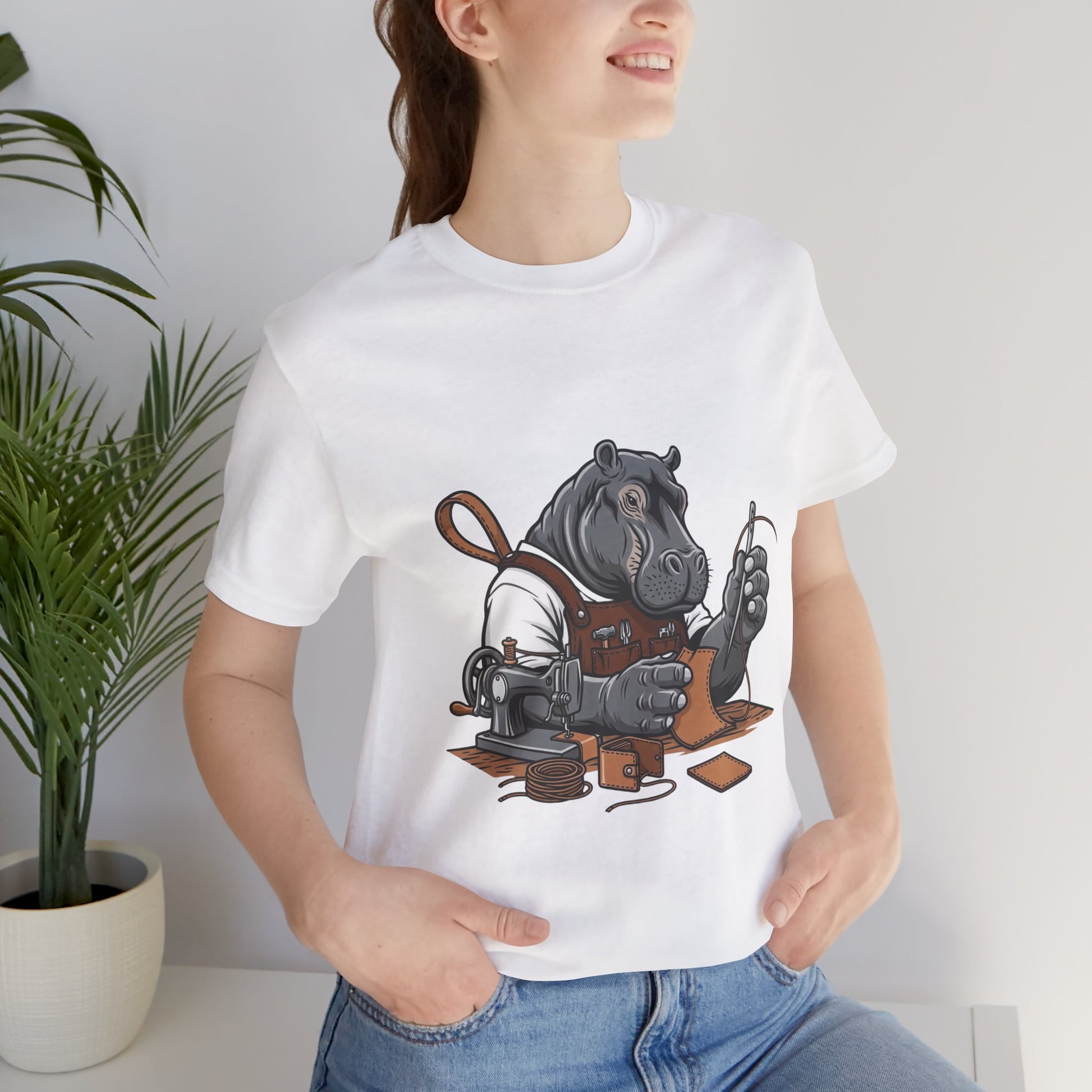 Hippo Sewing T-Shirt - Unique Unisex Tee for Crafters, Fun Animal Lover Shirt, Perfect Birthday Gift - ArtOm_farm™ LEATHER
