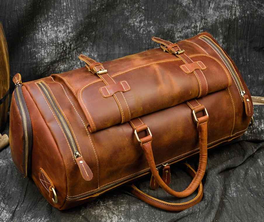 Men's Retro Leather Travel Bag - Premium Crazy Horse Leather Design