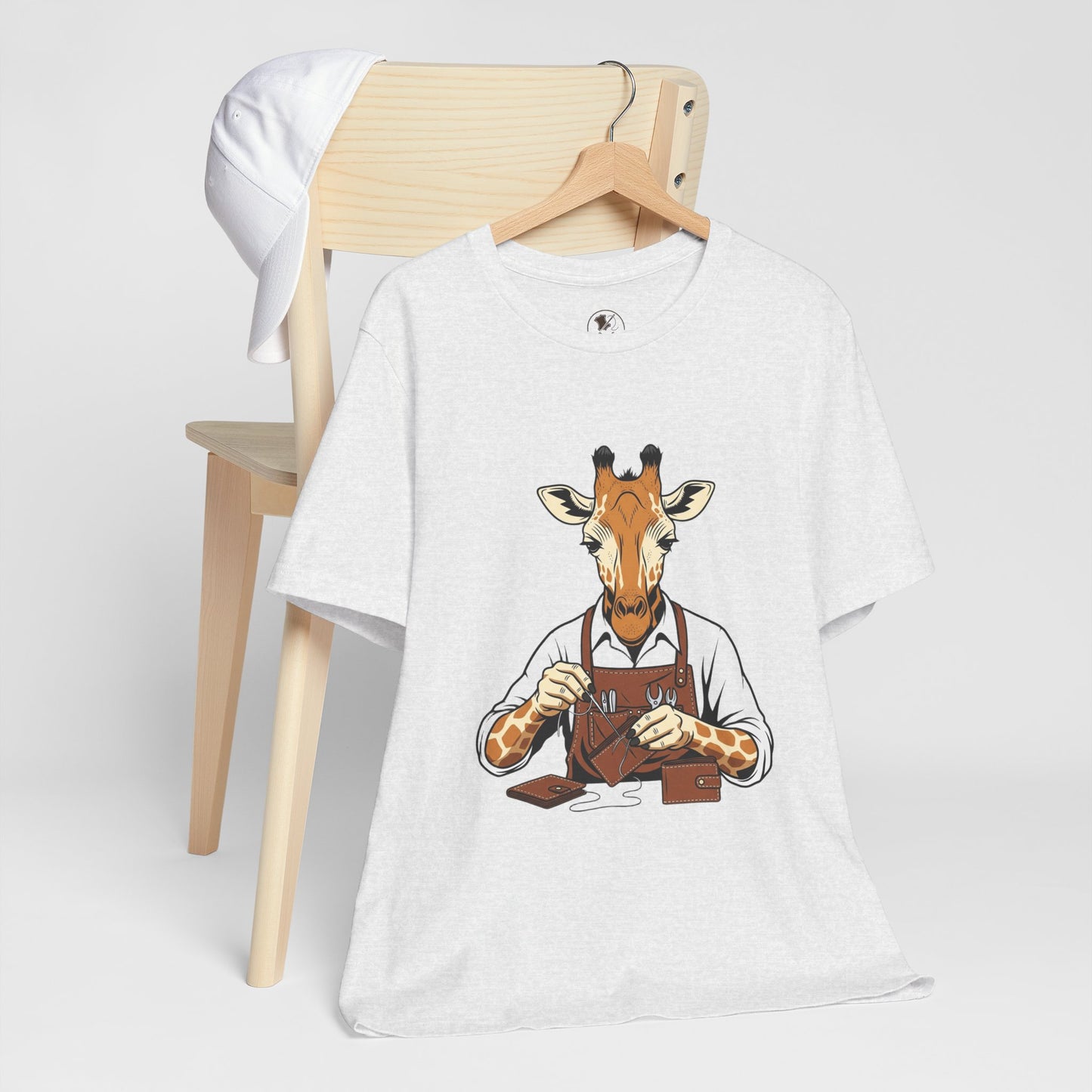 Giraffe Tailor Tee - Unique Animal Lover Shirt, Funny Short Sleeve T-Shirt for Creatives, Quirky Art Casual Wear - ArtOm_farm™ LEATHER