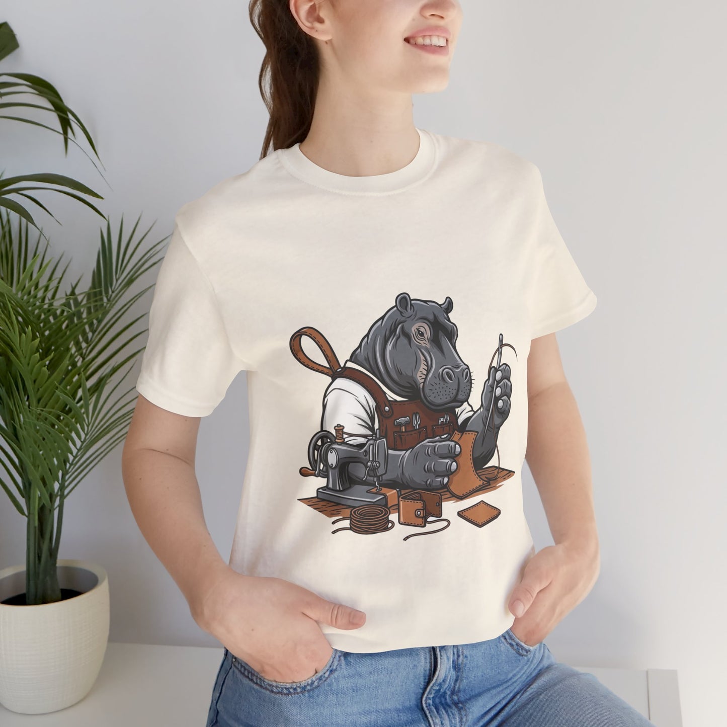 Hippo Sewing T-Shirt - Unique Unisex Tee for Crafters, Fun Animal Lover Shirt, Perfect Birthday Gift - ArtOm_farm™ LEATHER 