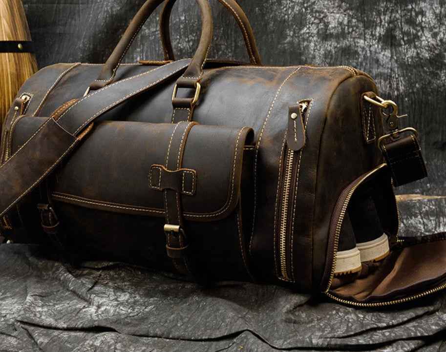 Men's Retro Leather Travel Bag - Premium Crazy Horse Leather Design
