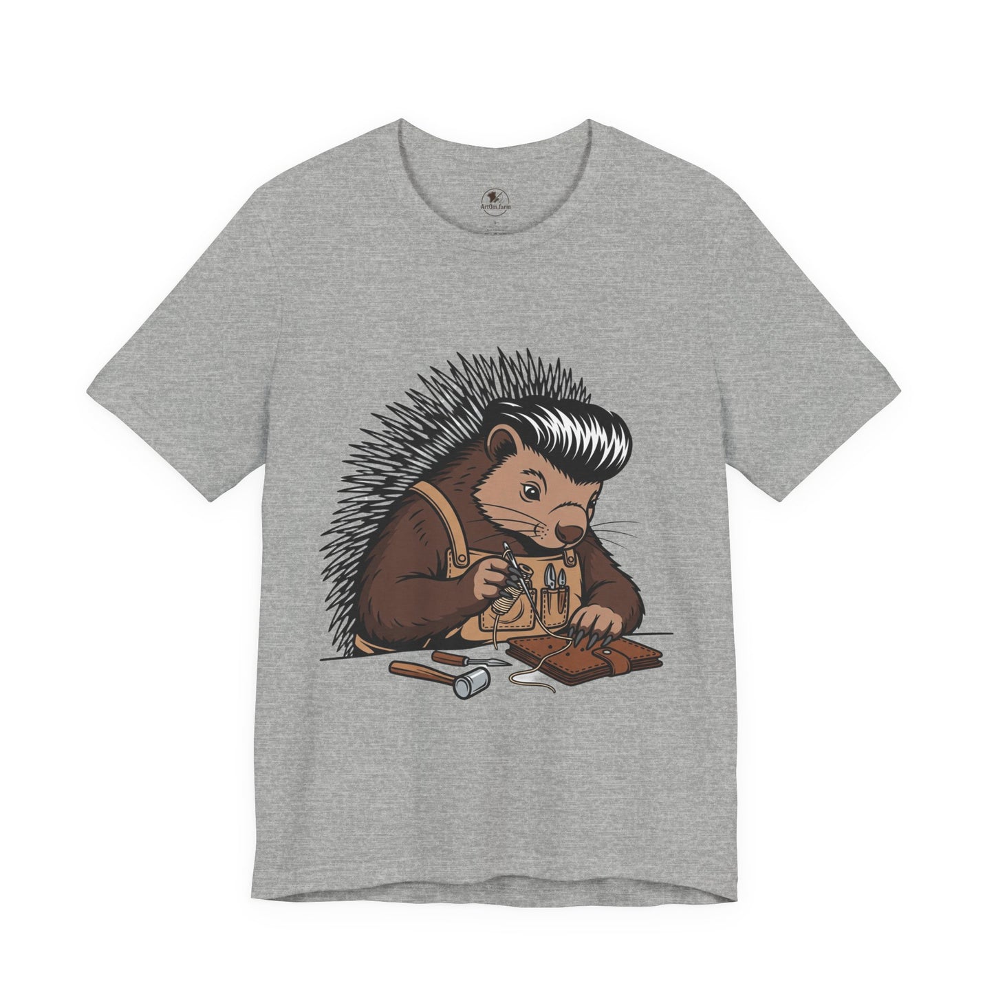 Quirky Hedgehog T-Shirt - Cute Animal Tee for Crafting Enthusiasts and Nature Lovers - Unisex Short Sleeve Shirt - ArtOm_farm™ LEATHER 