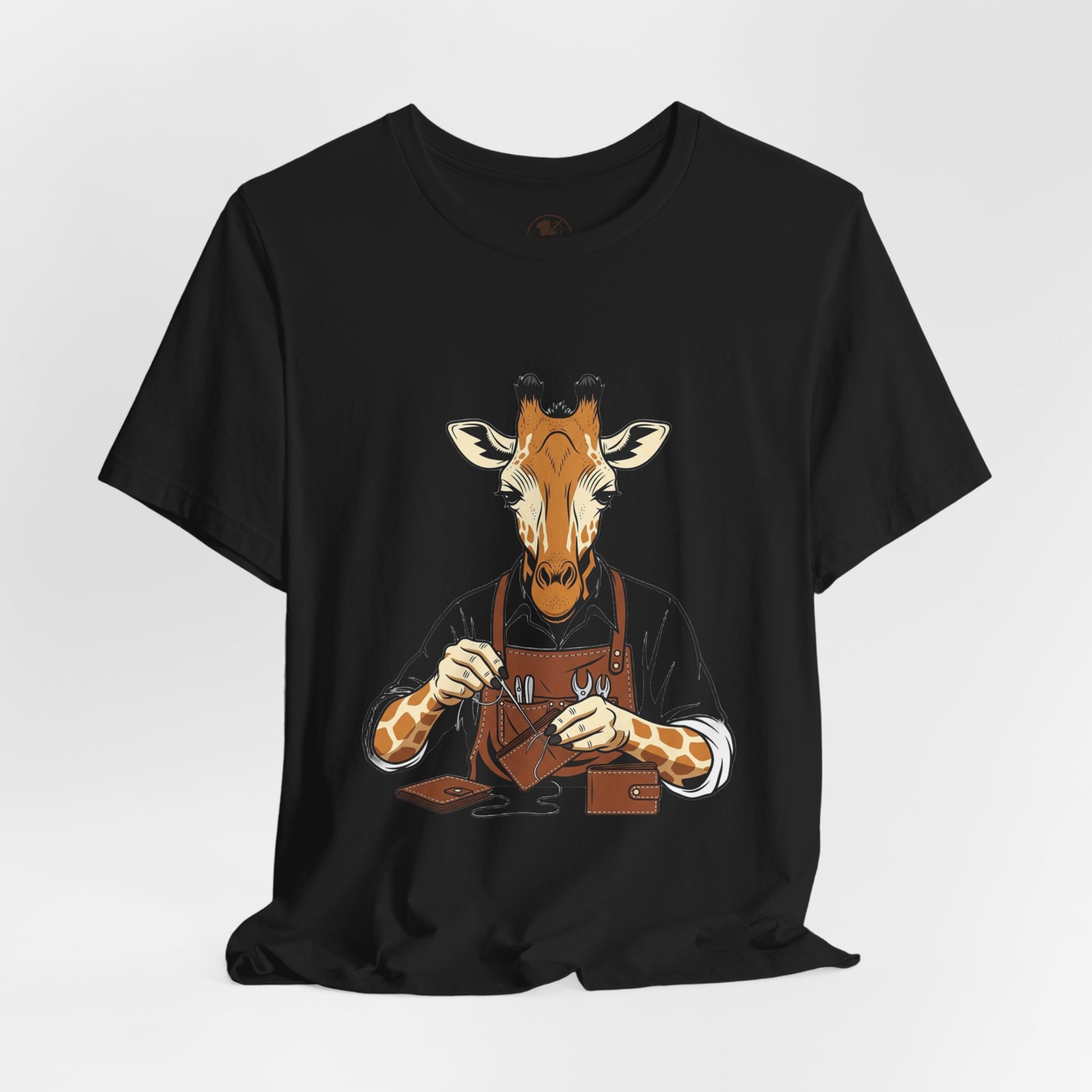 Giraffe Tailor Tee - Unique Animal Lover Shirt, Funny Short Sleeve T-Shirt for Creatives, Quirky Art Casual Wear - ArtOm_farm™ LEATHER 