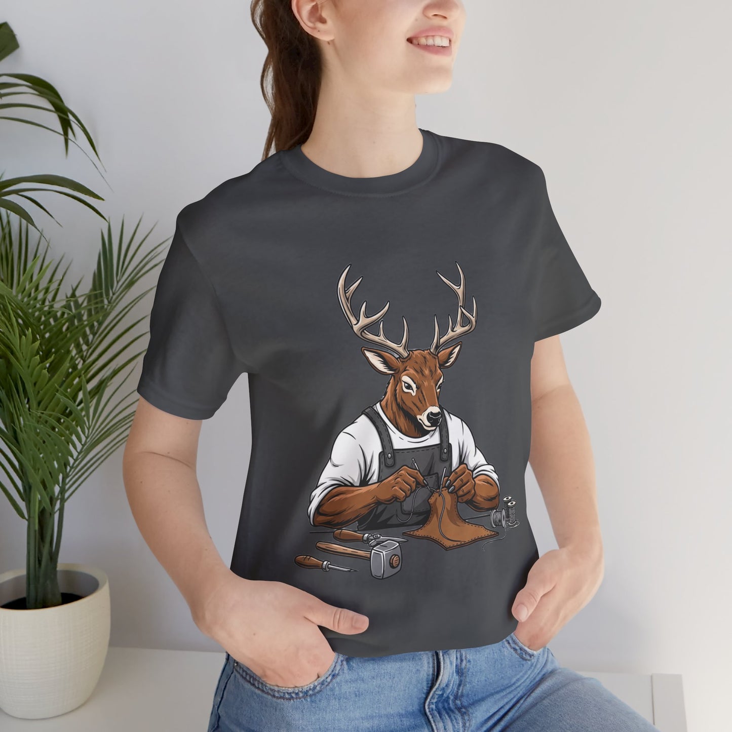 Artisan Deer Graphic Tee for Nature Lovers - Cute Animal Shirt, Unisex Casual Wear, Perfect Handyman Gift - ArtOm_farm™ LEATHER 