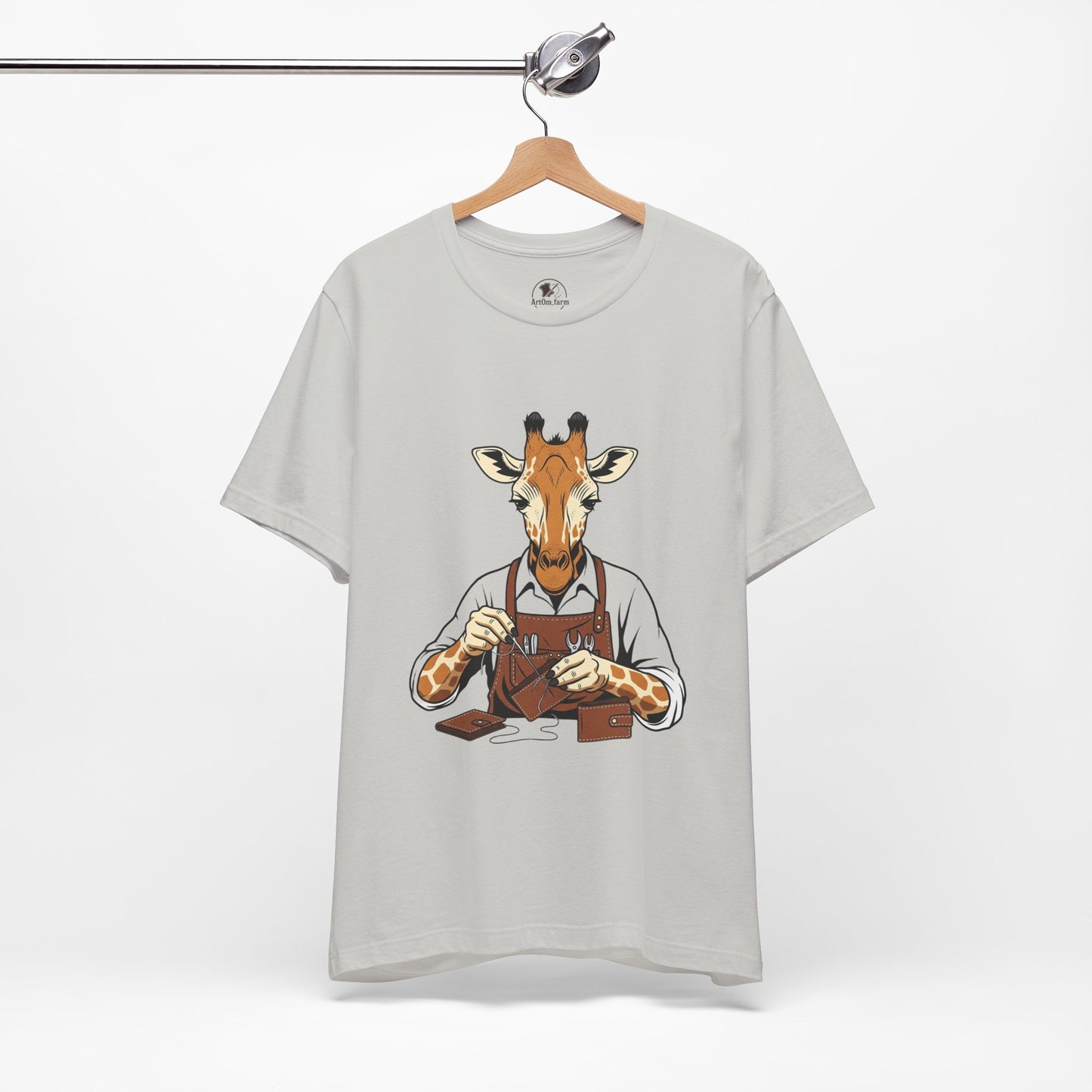 Giraffe Tailor Tee - Unique Animal Lover Shirt, Funny Short Sleeve T-Shirt for Creatives, Quirky Art Casual Wear - ArtOm_farm™ LEATHER 