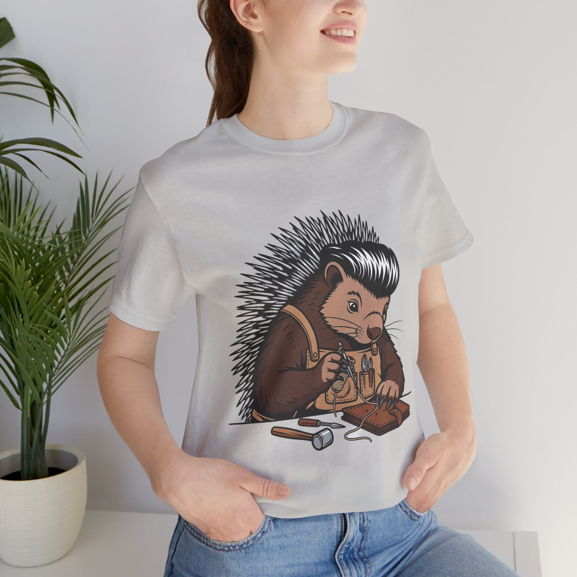Quirky Hedgehog T-Shirt - Cute Animal Tee for Crafting Enthusiasts and Nature Lovers - Unisex Short Sleeve Shirt - ArtOm_farm™ LEATHER 