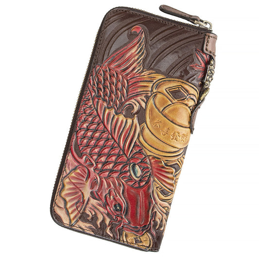Handmade Leather Wallet - Retro Long Cowhide Carving Craft Wallet - ArtOm_farm™ LEATHER 