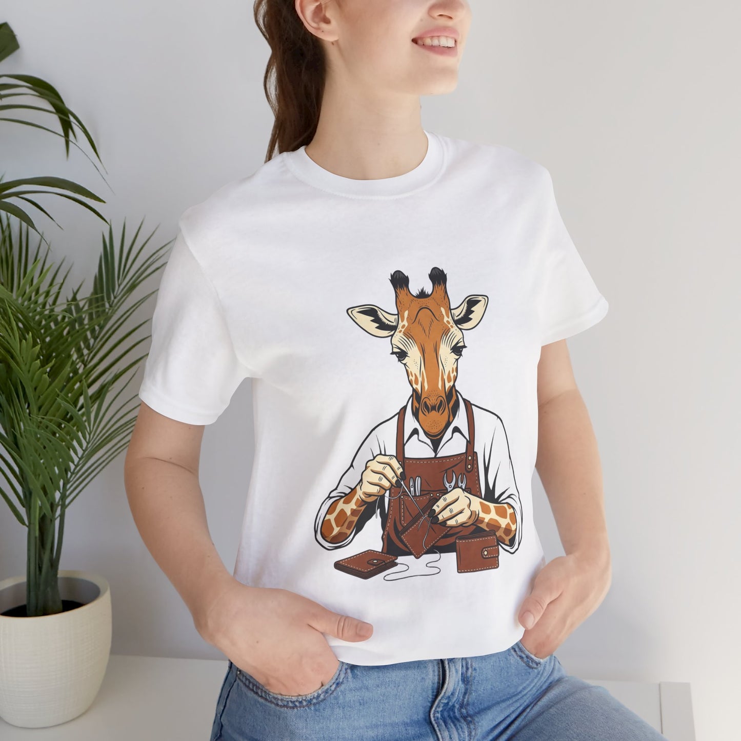 Giraffe Tailor Tee - Unique Animal Lover Shirt, Funny Short Sleeve T-Shirt for Creatives, Quirky Art Casual Wear - ArtOm_farm™ LEATHER