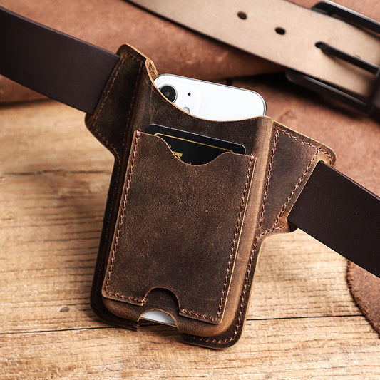 Apple iPhone 12 Leather Case with Card Holder - Crazy Horse Leather Mobile Phone Holster - ArtOm_farm™ LEATHER 