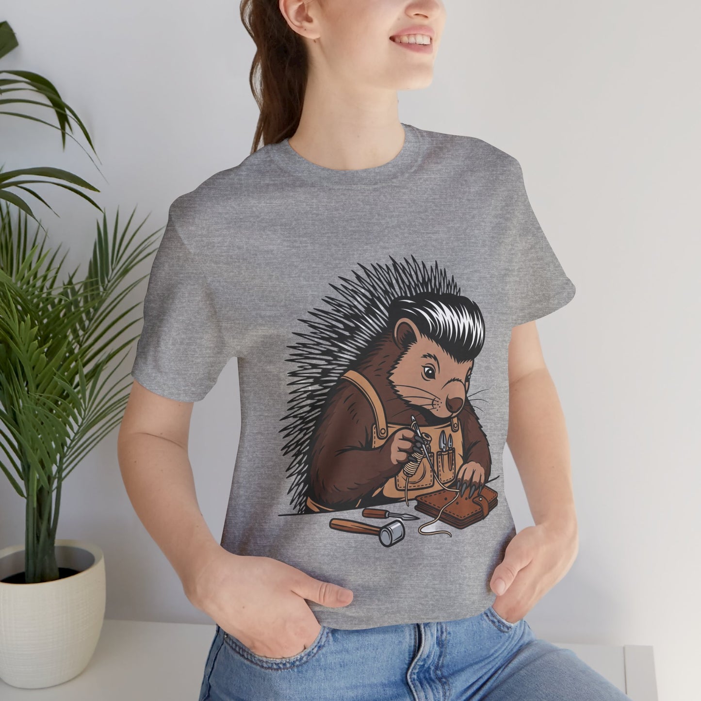 Quirky Hedgehog T-Shirt - Cute Animal Tee for Crafting Enthusiasts and Nature Lovers - Unisex Short Sleeve Shirt - ArtOm_farm™ LEATHER 