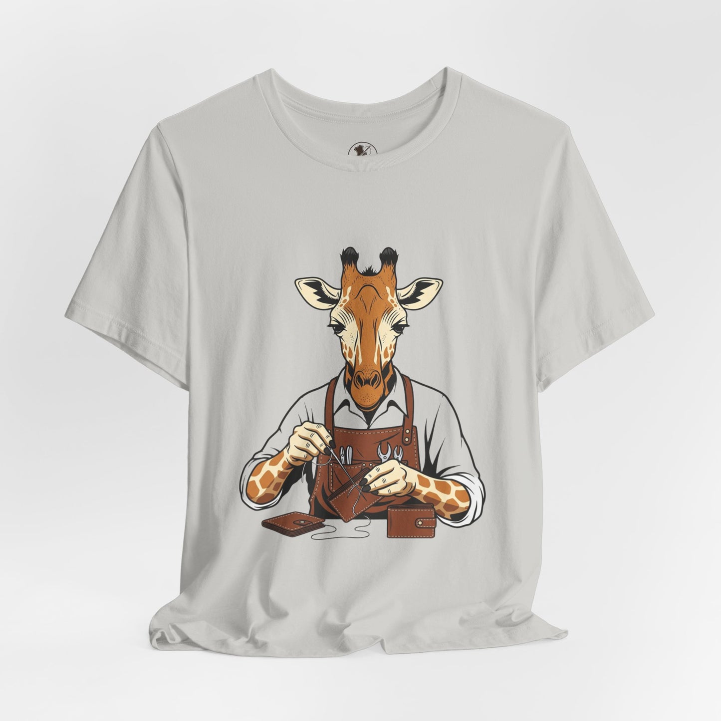 Giraffe Tailor Tee - Unique Animal Lover Shirt, Funny Short Sleeve T-Shirt for Creatives, Quirky Art Casual Wear - ArtOm_farm™ LEATHER 