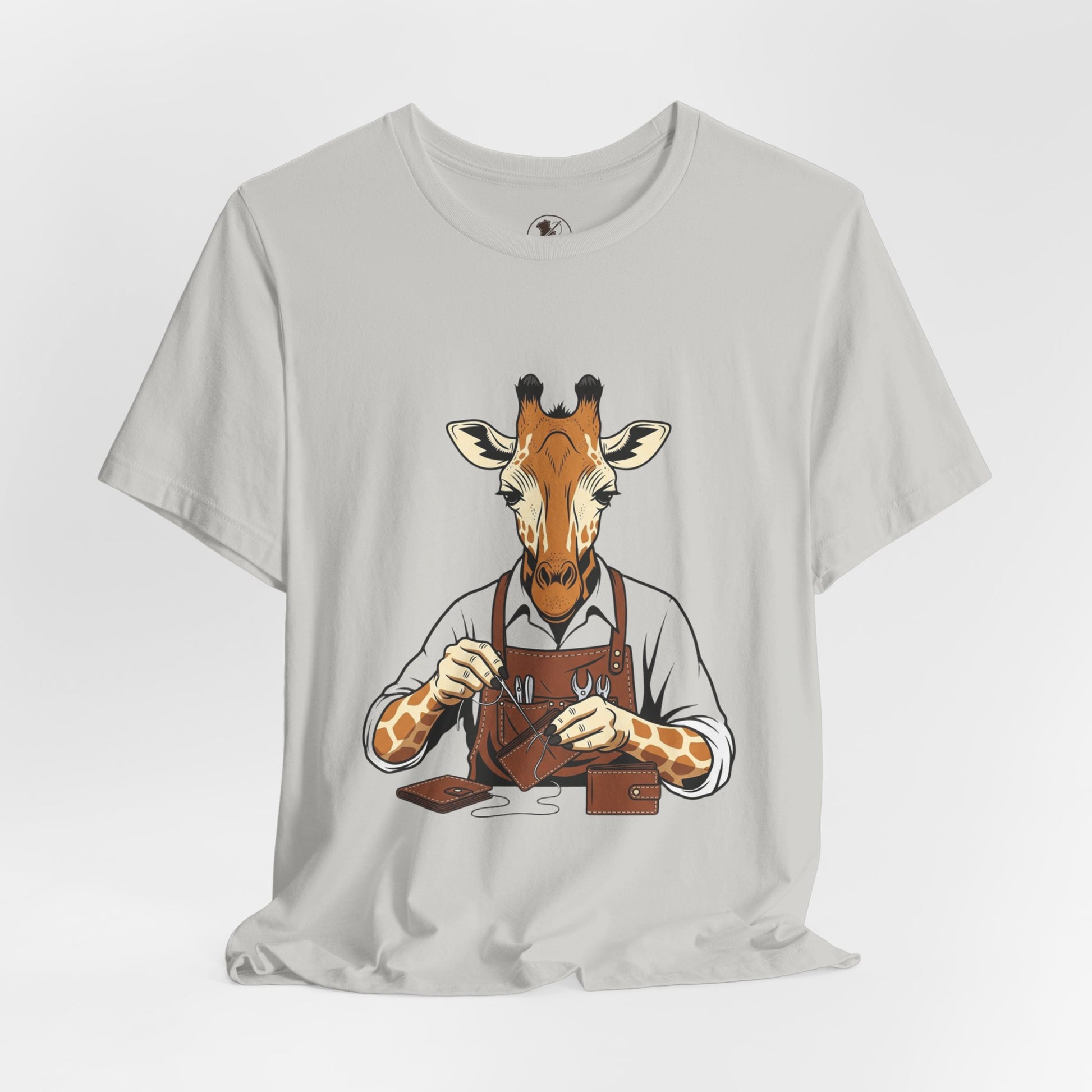 Giraffe Tailor Tee - Unique Animal Lover Shirt, Funny Short Sleeve T-Shirt for Creatives, Quirky Art Casual Wear - ArtOm_farm™ LEATHER 