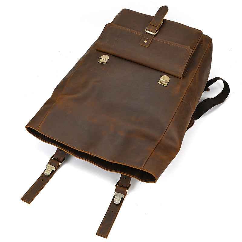Men's Retro Leather Backpack in Genuine Crazy Horse Leather for School and Travel