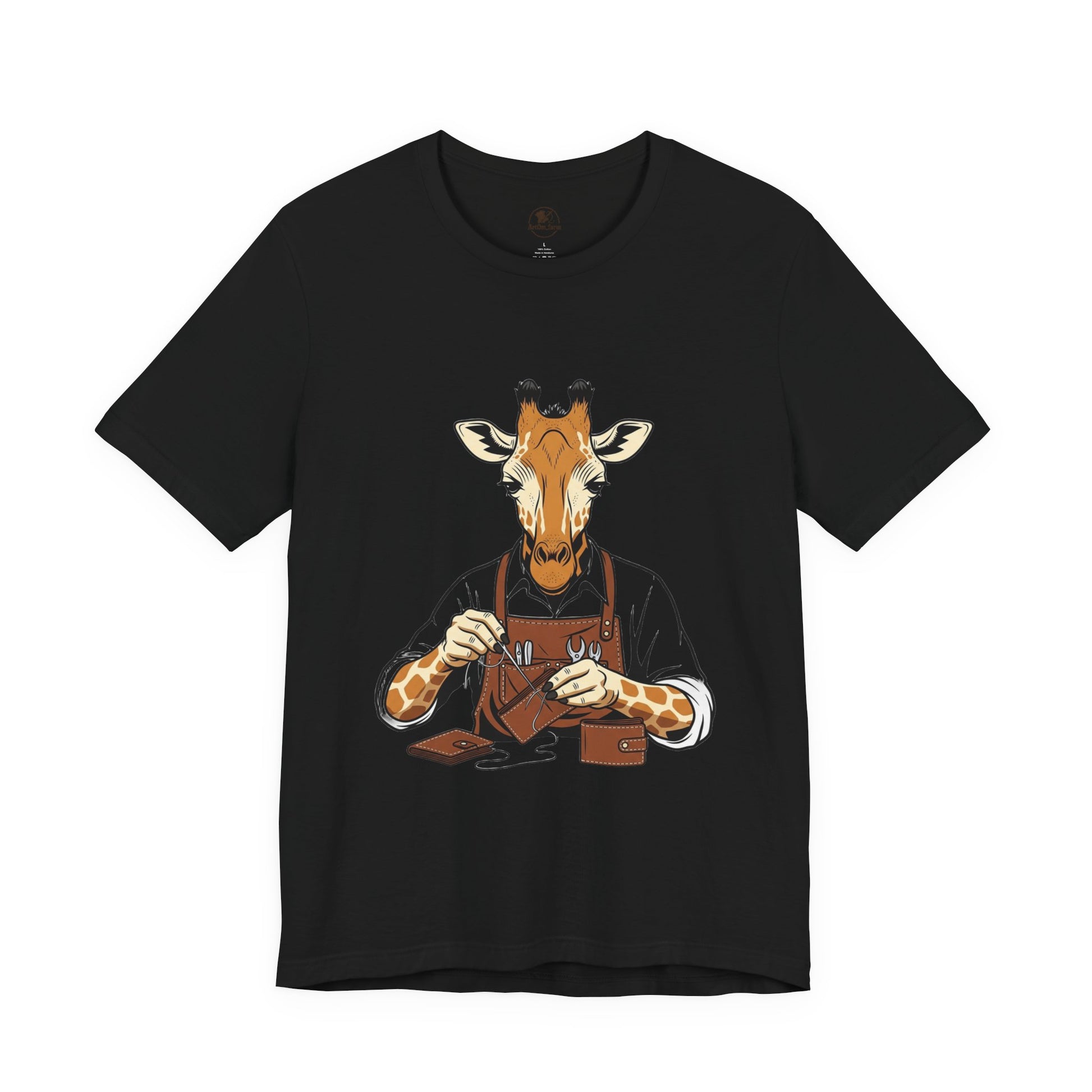 Giraffe Tailor Tee - Unique Animal Lover Shirt, Funny Short Sleeve T-Shirt for Creatives, Quirky Art Casual Wear - ArtOm_farm™ LEATHER 