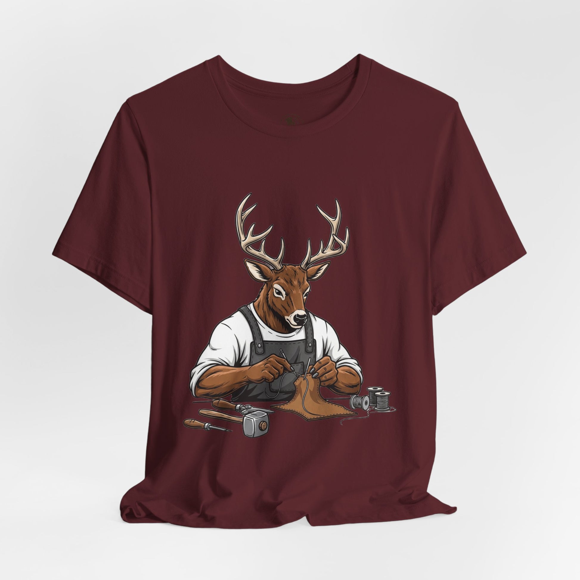 Artisan Deer Graphic Tee for Nature Lovers - Cute Animal Shirt, Unisex Casual Wear, Perfect Handyman Gift - ArtOm_farm™ LEATHER 