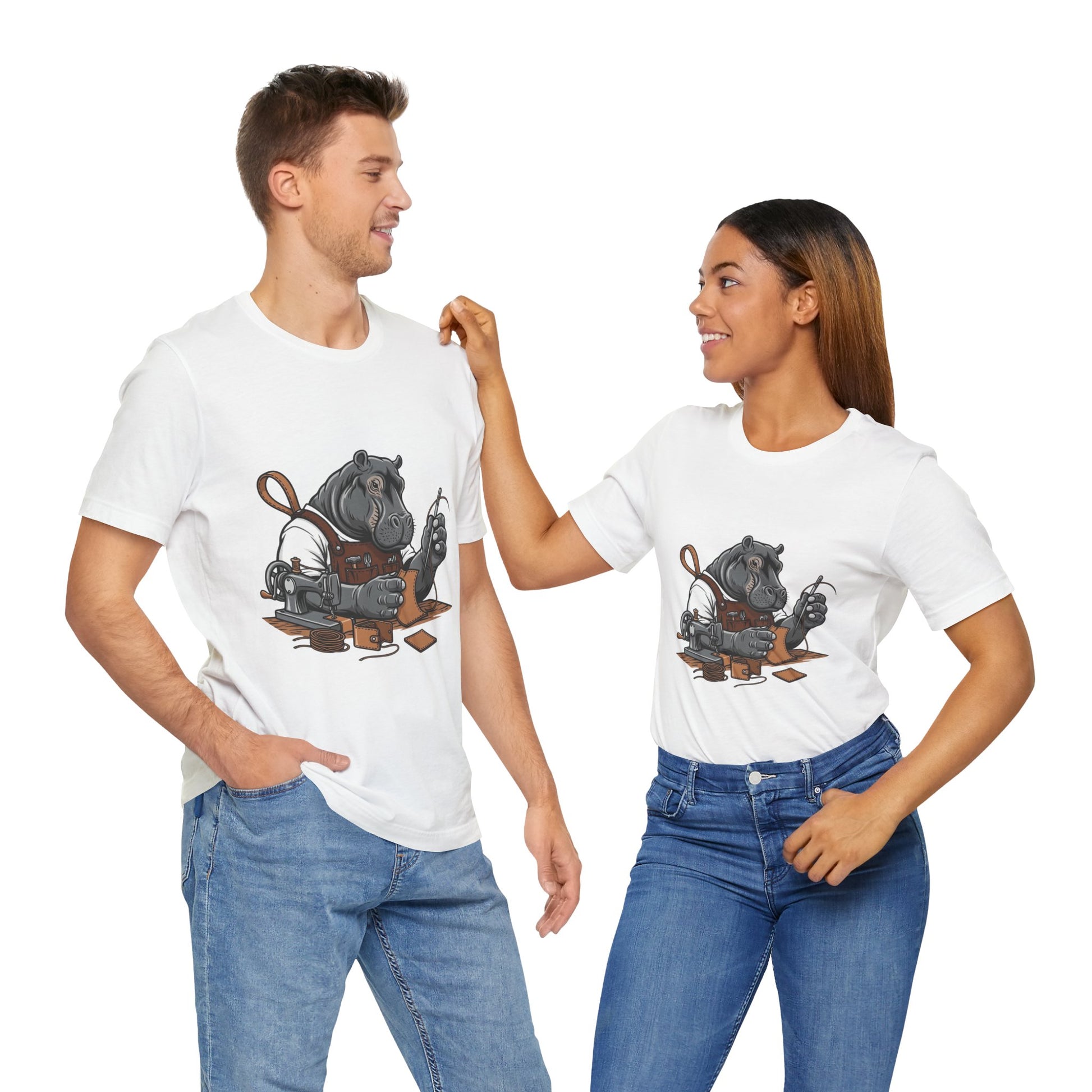 Hippo Sewing T-Shirt - Unique Unisex Tee for Crafters, Fun Animal Lover Shirt, Perfect Birthday Gift - ArtOm_farm™ LEATHER