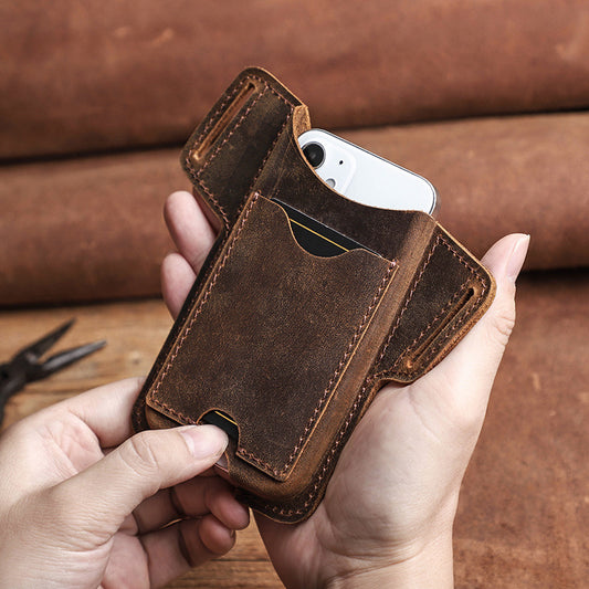 Apple iPhone 12 Leather Case with Card Holder - Crazy Horse Leather Mobile Phone Holster - ArtOm_farm™ LEATHER 