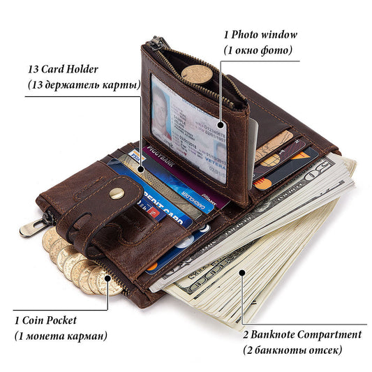 RFID Anti-Theft Wallet - Three-Fold Multi-Card Slot Crazy Horse Leather - ArtOm_farm™ LEATHER 
