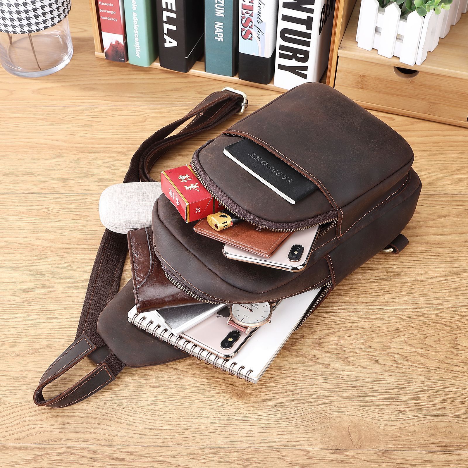 Horse Leather Chest Bag - Men's Shoulder Messenger Bag - ArtOm_farm™ LEATHER 