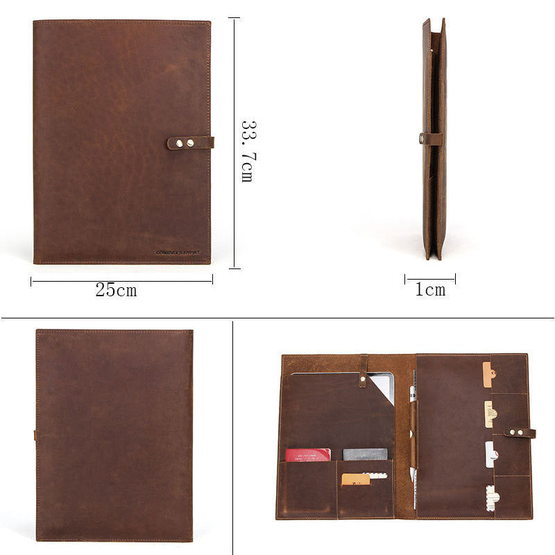 Brown leather organizer with dimensions and interior view on a white background