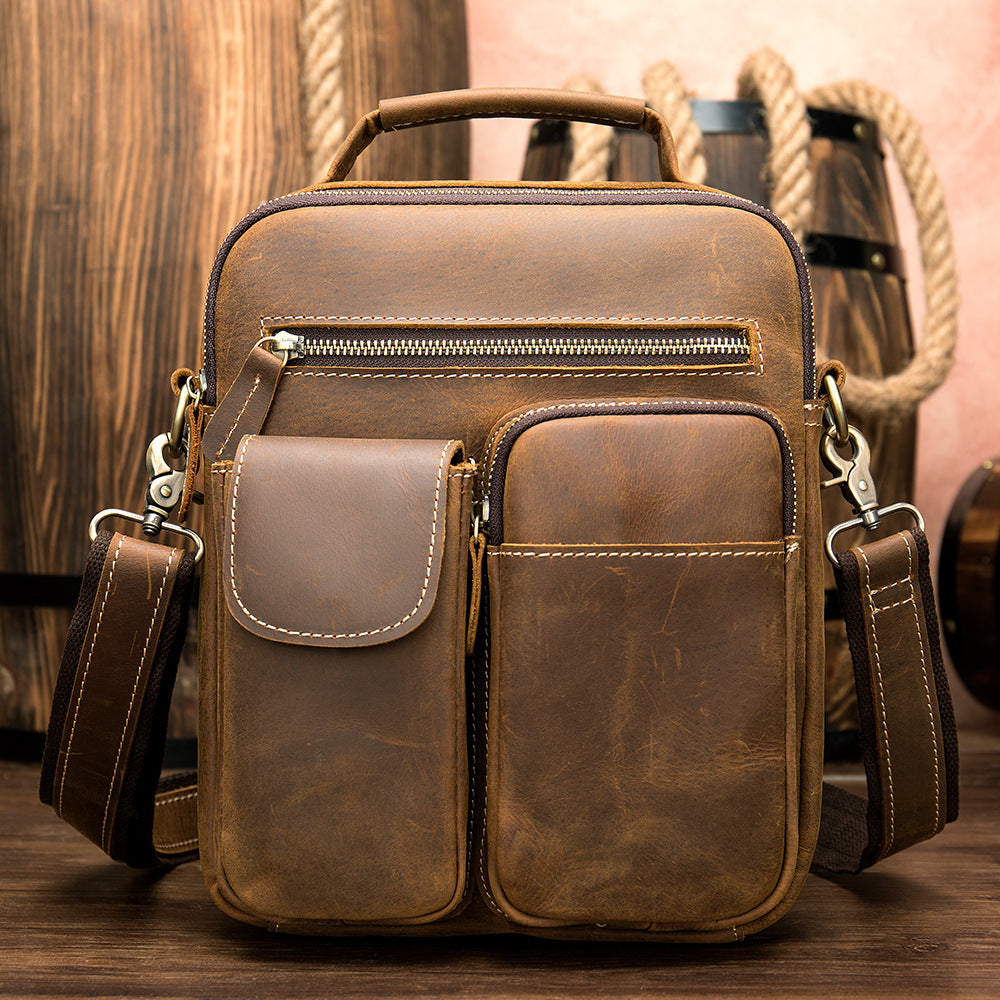 Cross-Border Source Men's Leather Messenger Bag - Retro Solid Color One-Shoulder Top Layer Cowhide Crazy Horse Leather Bag Wholesale - ArtOm_farm™ LEATHER 