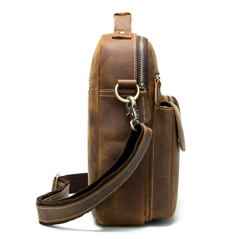 Cross-Border Source Men's Leather Messenger Bag - Retro Solid Color One-Shoulder Top Layer Cowhide Crazy Horse Leather Bag Wholesale - ArtOm_farm™ LEATHER 