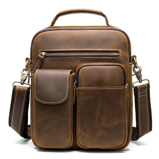 Cross-Border Source Men's Leather Messenger Bag - Retro Solid Color One-Shoulder Top Layer Cowhide Crazy Horse Leather Bag Wholesale - ArtOm_farm™ LEATHER 