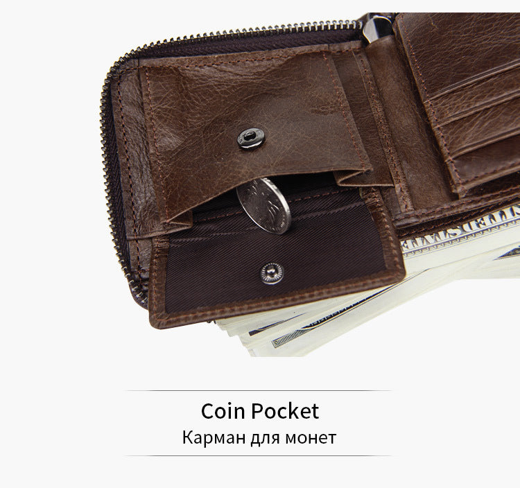 Brown leather wallet with coin pocket and money, on a white background