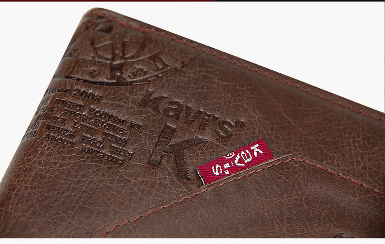 Close-up of a brown leather wallet with Levi's branding.