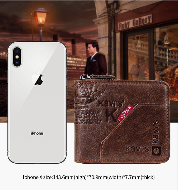 Brown leather wallet with 'Kavis' branding next to an iPhone X on a blurred city street background.