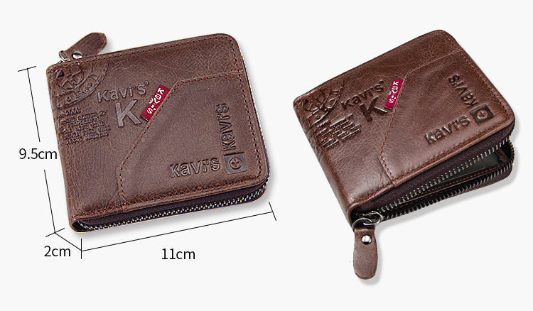 Brown leather wallet with 'Kevi's K' branding and measurements on a white background
