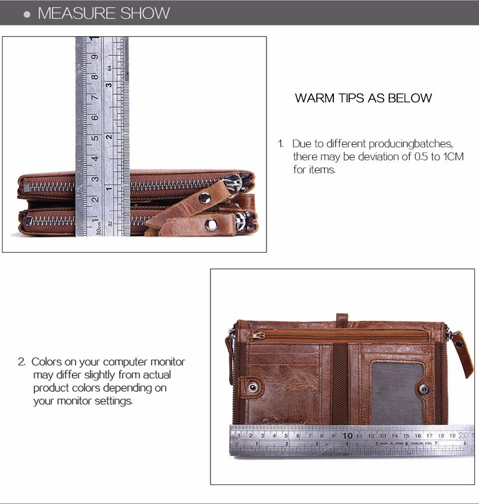 Brown leather wallet with measurement guide and warning text on a white background