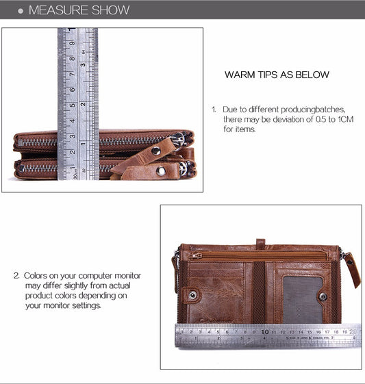 Brown leather wallet with measurement guide and warning text on a white background