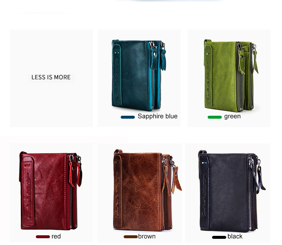 Five leather wallets in different colors on a white background