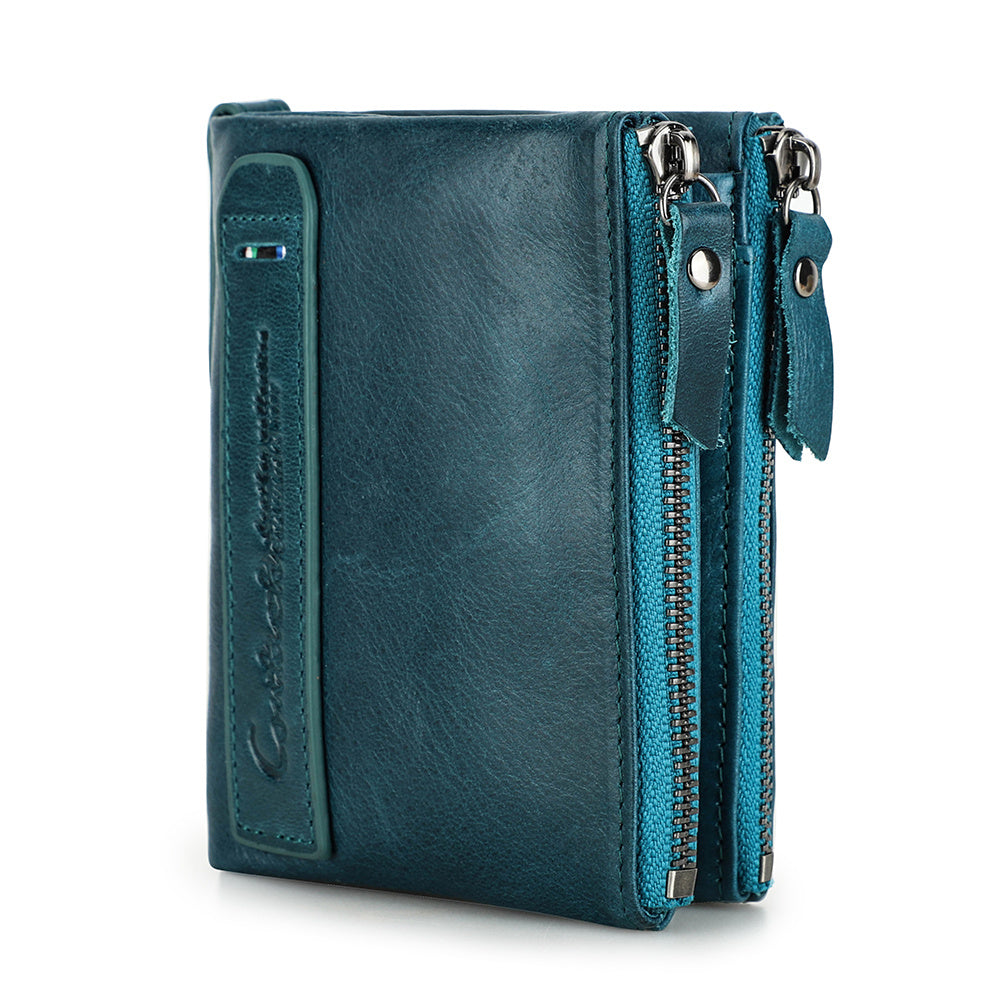 Teal leather wallet with a zipper on a white background