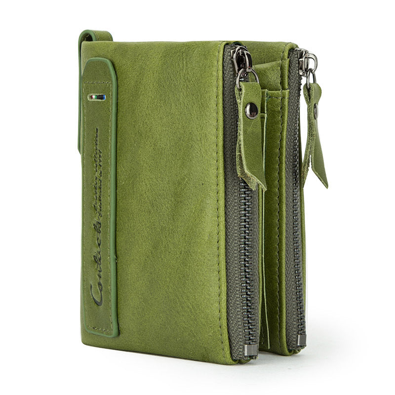 Green wallet with zipper on a white background