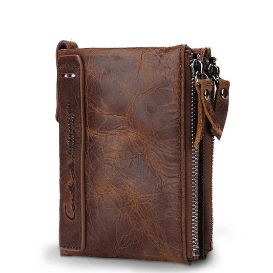 Black Leather Men's Wallet - Short Fashion Coin Purse, Crazy Horse Cowhide Double Zipper Wallet - ArtOm_farm™ LEATHER 