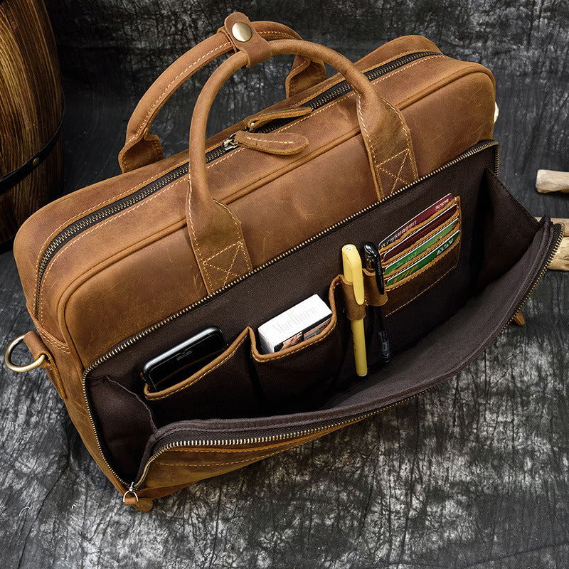 Vintage Men's Leather Briefcase Genuine Crazy Horse Leather Business Commuter Bag - ArtOm_farm™ LEATHER