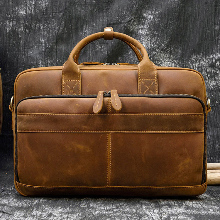 Vintage Men's Leather Briefcase Genuine Crazy Horse Leather Business Commuter Bag - ArtOm_farm™ LEATHER