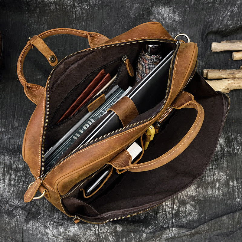 Vintage Men's Leather Briefcase Genuine Crazy Horse Leather Business Commuter Bag - ArtOm_farm™ LEATHER
