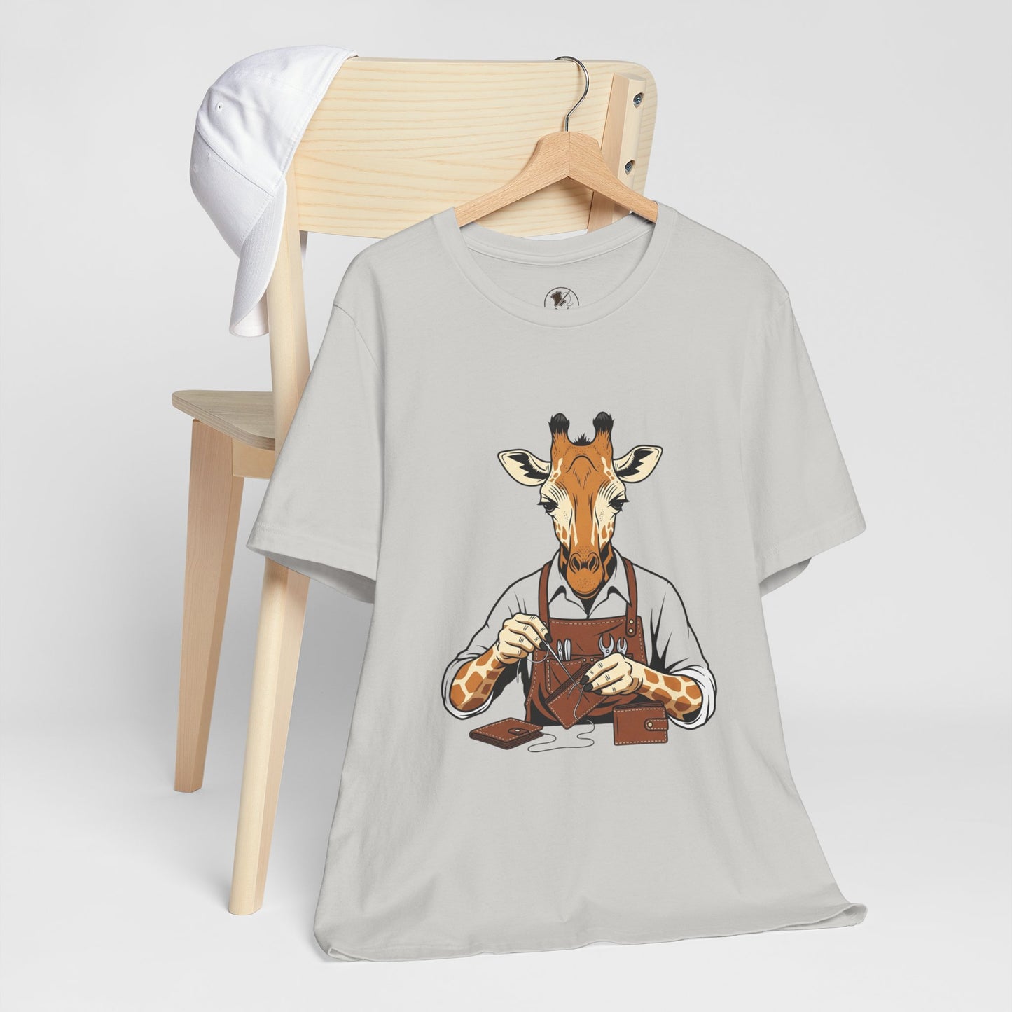Giraffe Tailor Tee - Unique Animal Lover Shirt, Funny Short Sleeve T-Shirt for Creatives, Quirky Art Casual Wear - ArtOm_farm™ LEATHER 