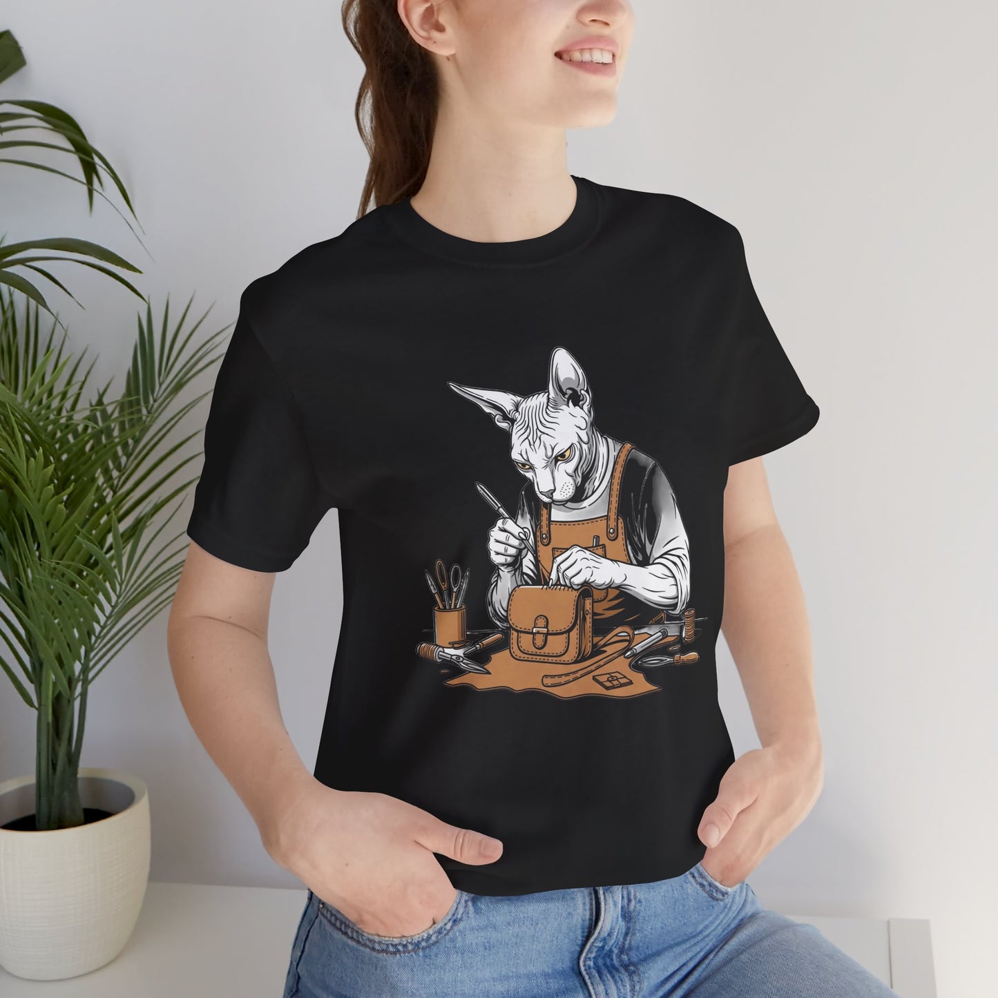 Creative Cat Shirt Unisex Tee, Cute Animal Shirt, Funny Gift for Pet Lovers, Perfect for Art Enthusiasts, Birthday, Casual Wear - ArtOm_farm™ LEATHER 