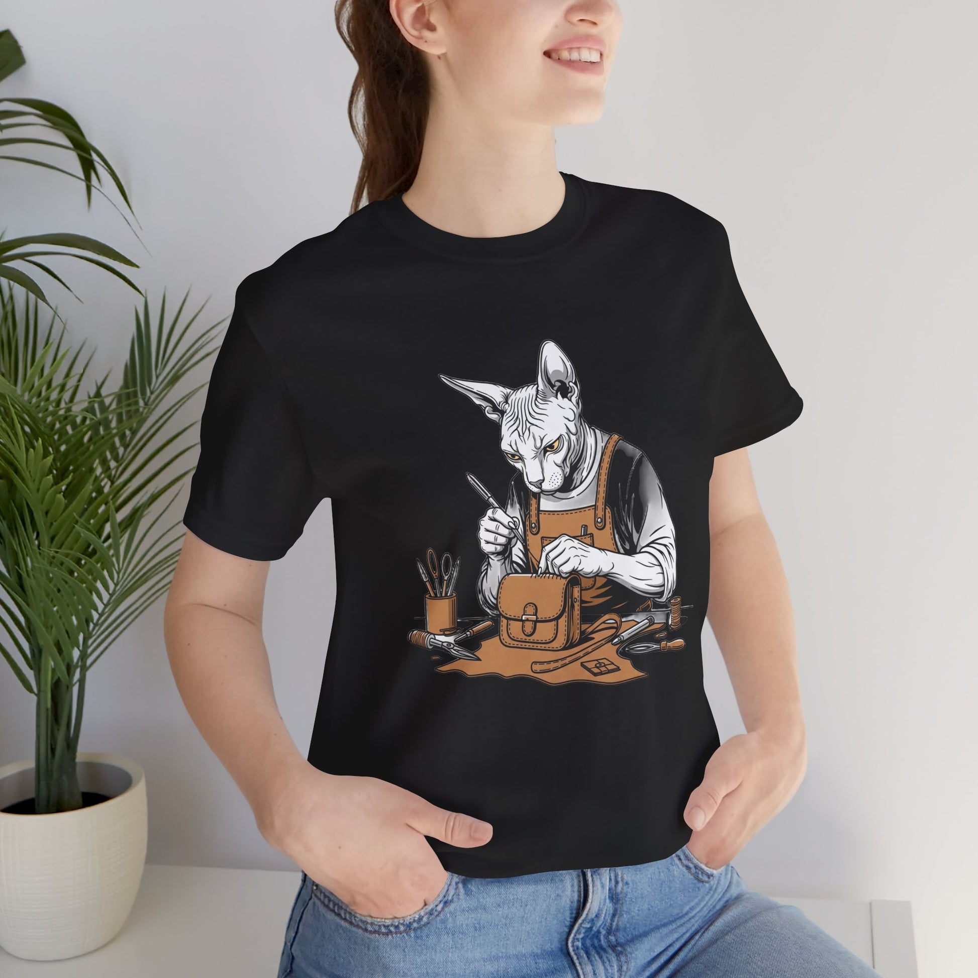 Creative Cat Shirt Unisex Tee, Cute Animal Shirt, Funny Gift for Pet Lovers, Perfect for Art Enthusiasts, Birthday, Casual Wear - ArtOm_farm™ LEATHER 