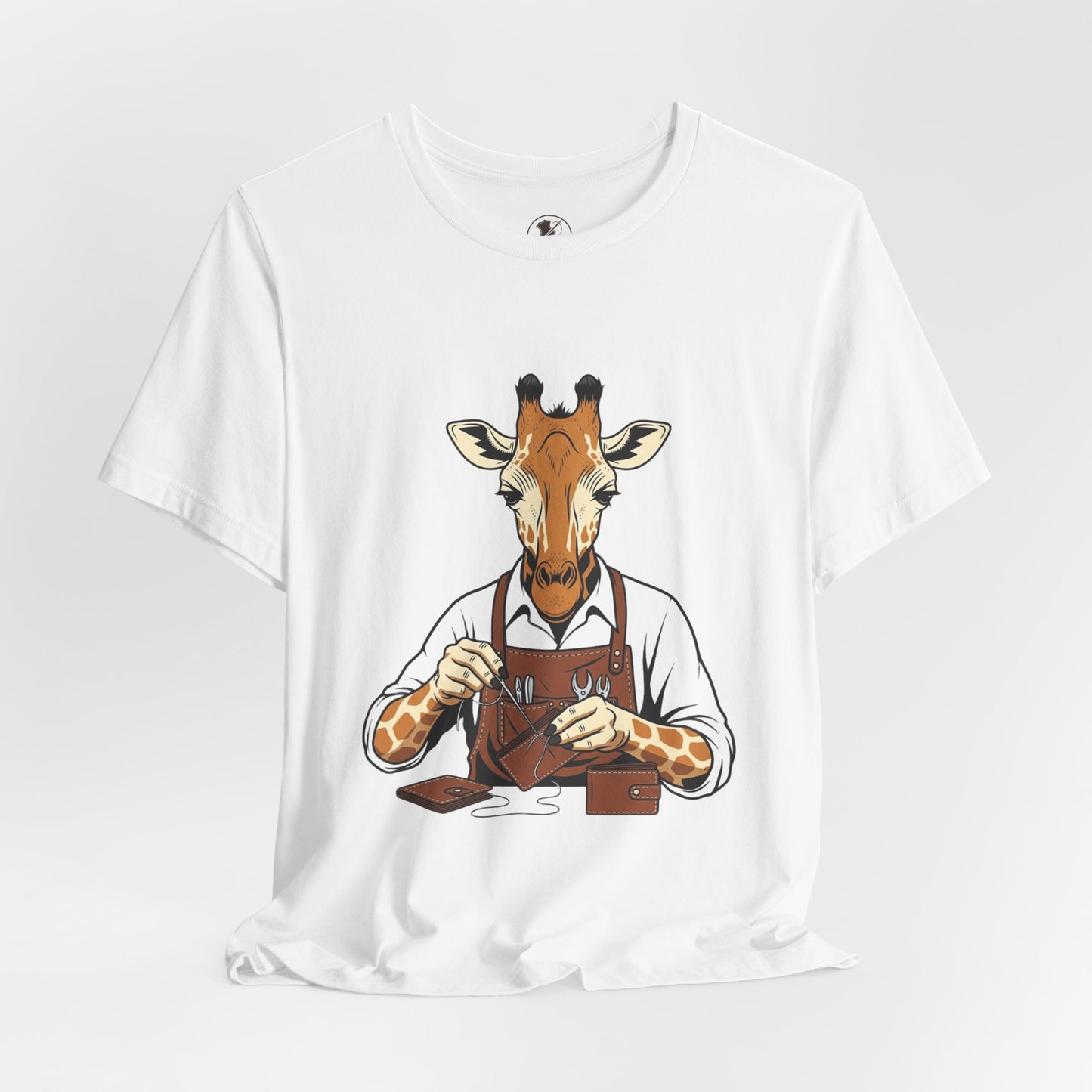 Giraffe Tailor Tee - Unique Animal Lover Shirt, Funny Short Sleeve T-Shirt for Creatives, Quirky Art Casual Wear - ArtOm_farm™ LEATHER